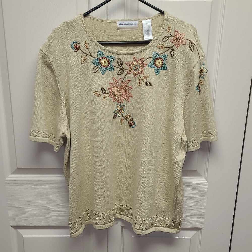Alfred Dunner Beige Floral Embroidered Short Sleeve Sweater Cottagecore 3X